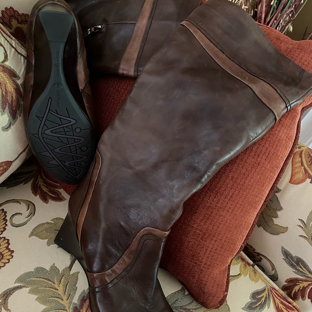 Brown wedge boot below knee